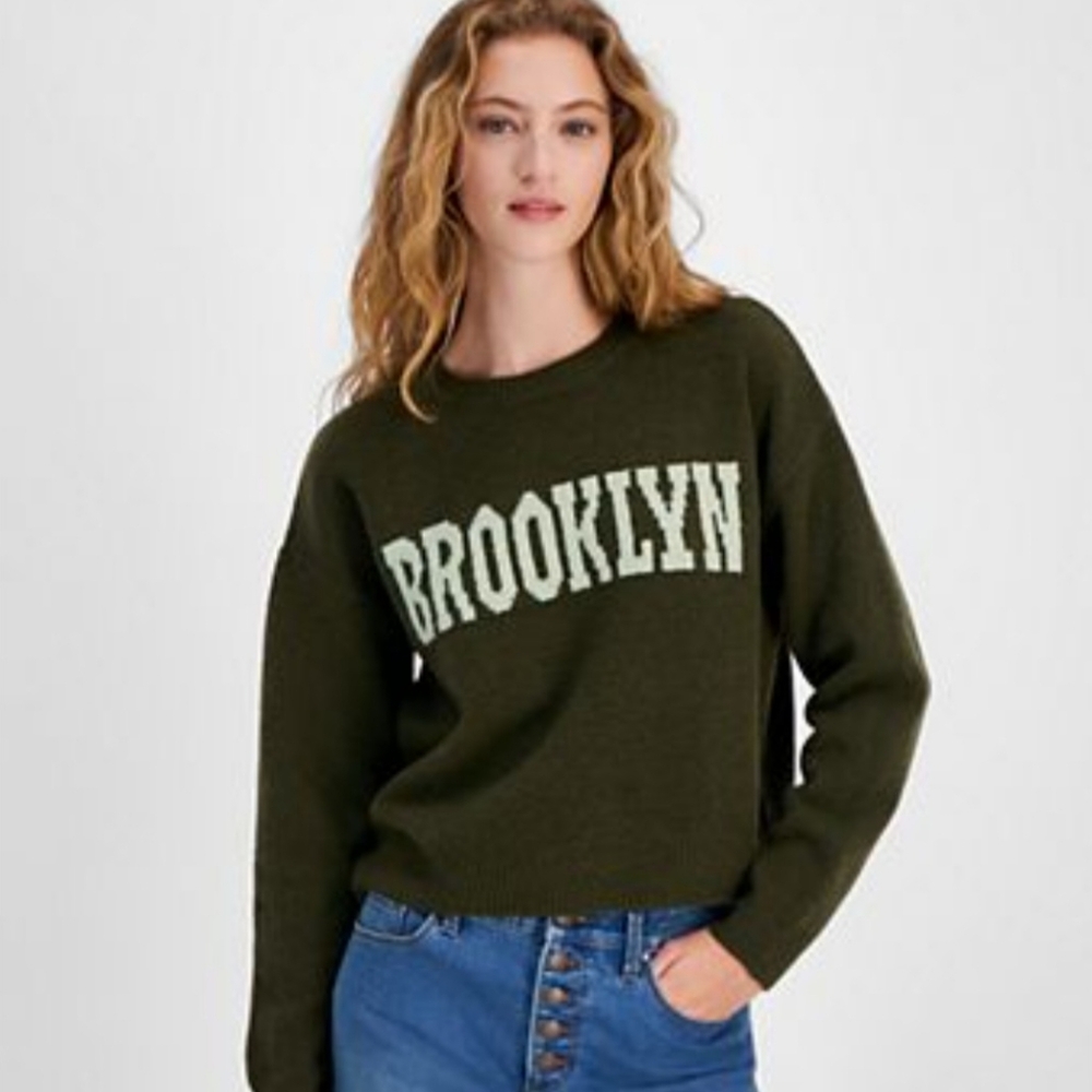 Hooked Up by IOT Olive Green Crewneck Sweater with White 'BROOKLYN' Logo